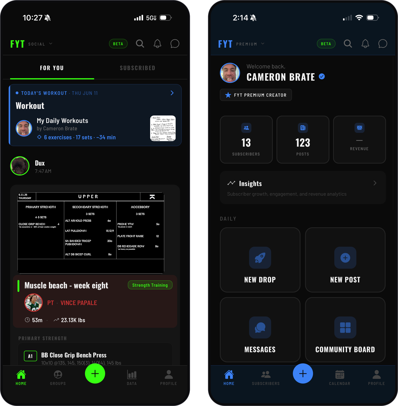 Two FYT app screens side by side — the athlete's feed with a workout attributed to their coach, and a creator's Studio dashboard with subscribers, posts, and revenue.