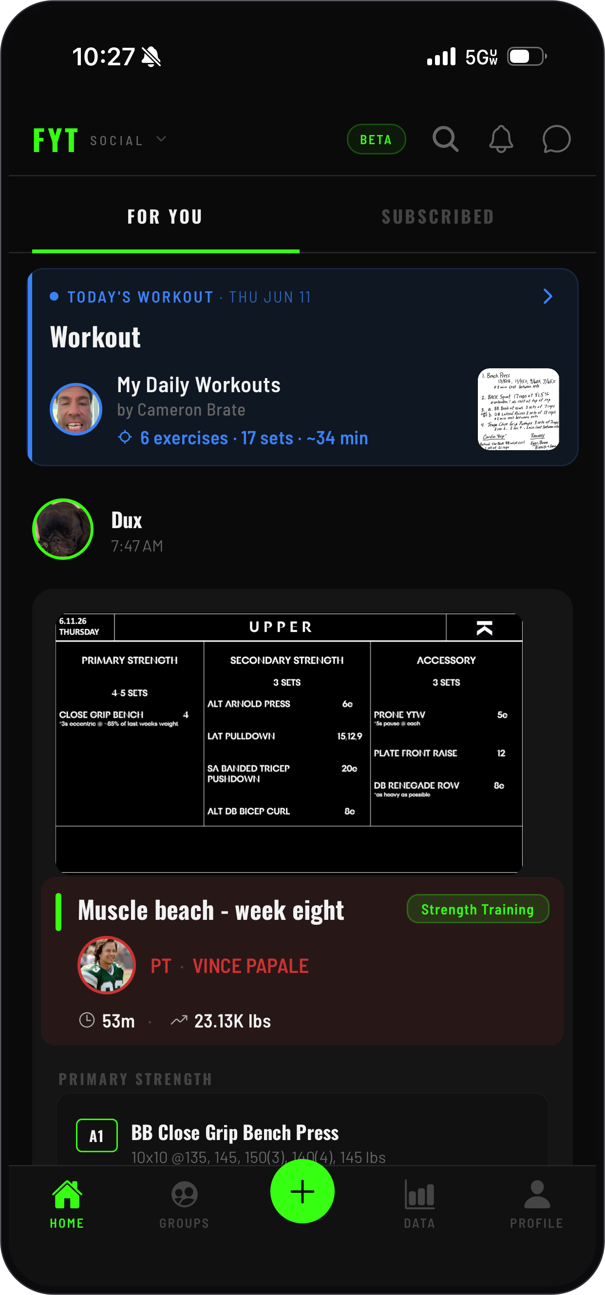 A FYT feed card showing an athlete's completed workout with the coach's name and photo attached — the attribution moat in action.