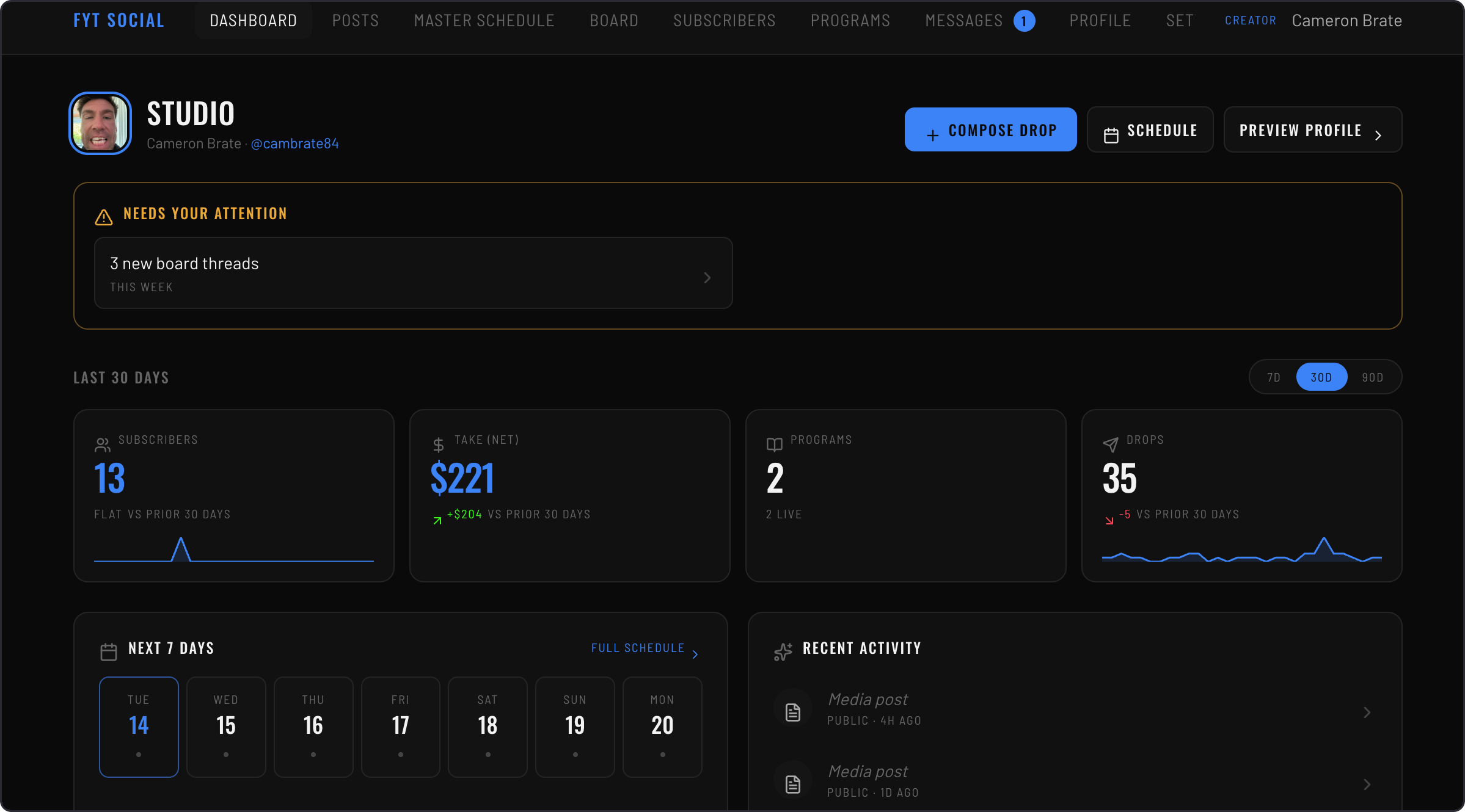 The FYT Creator Studio web dashboard — subscribers, revenue, engagement analytics, and drops.