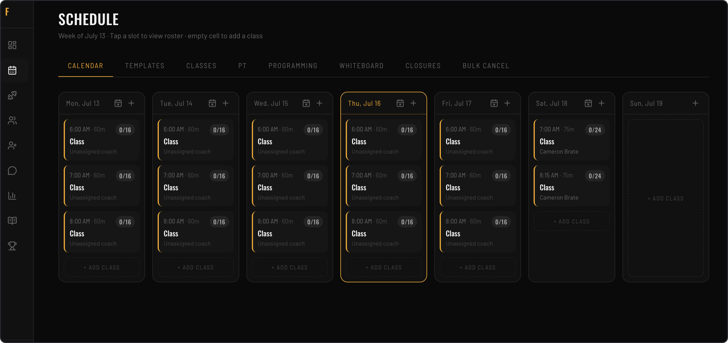 The FYT gym portal — class schedule with today's WOD, coaches, and RSVP counts.